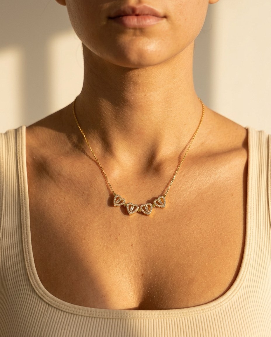 Four crystal set hearts of the clover necklace spread open across the chest