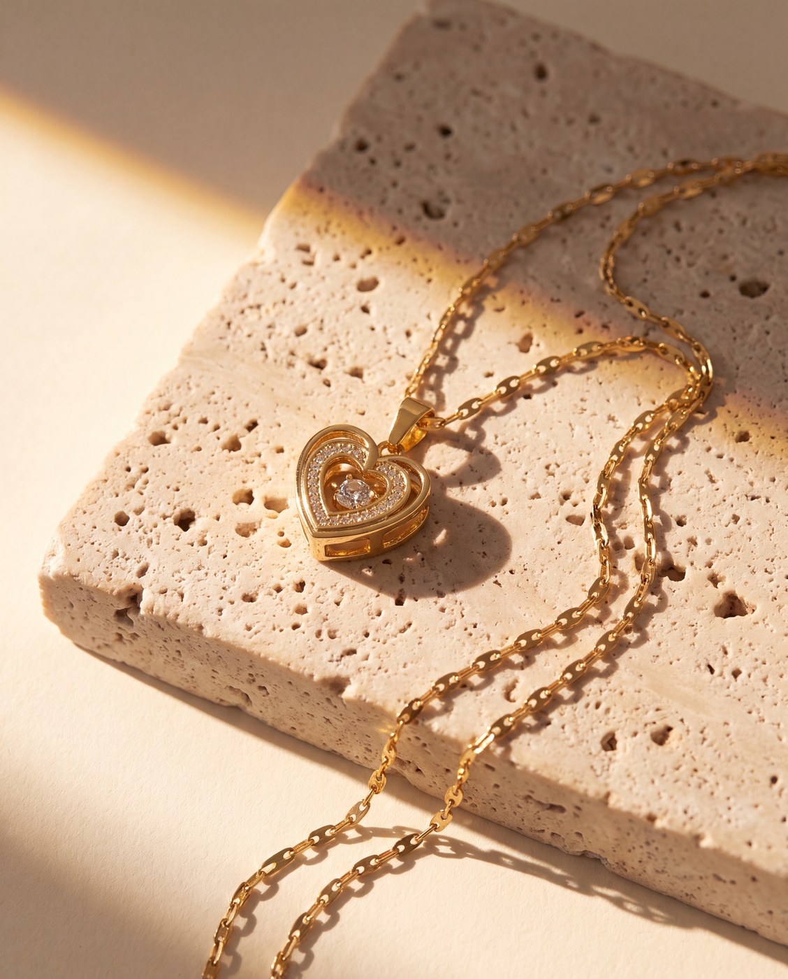 Close up of the gold double heart pendant on travertine stone