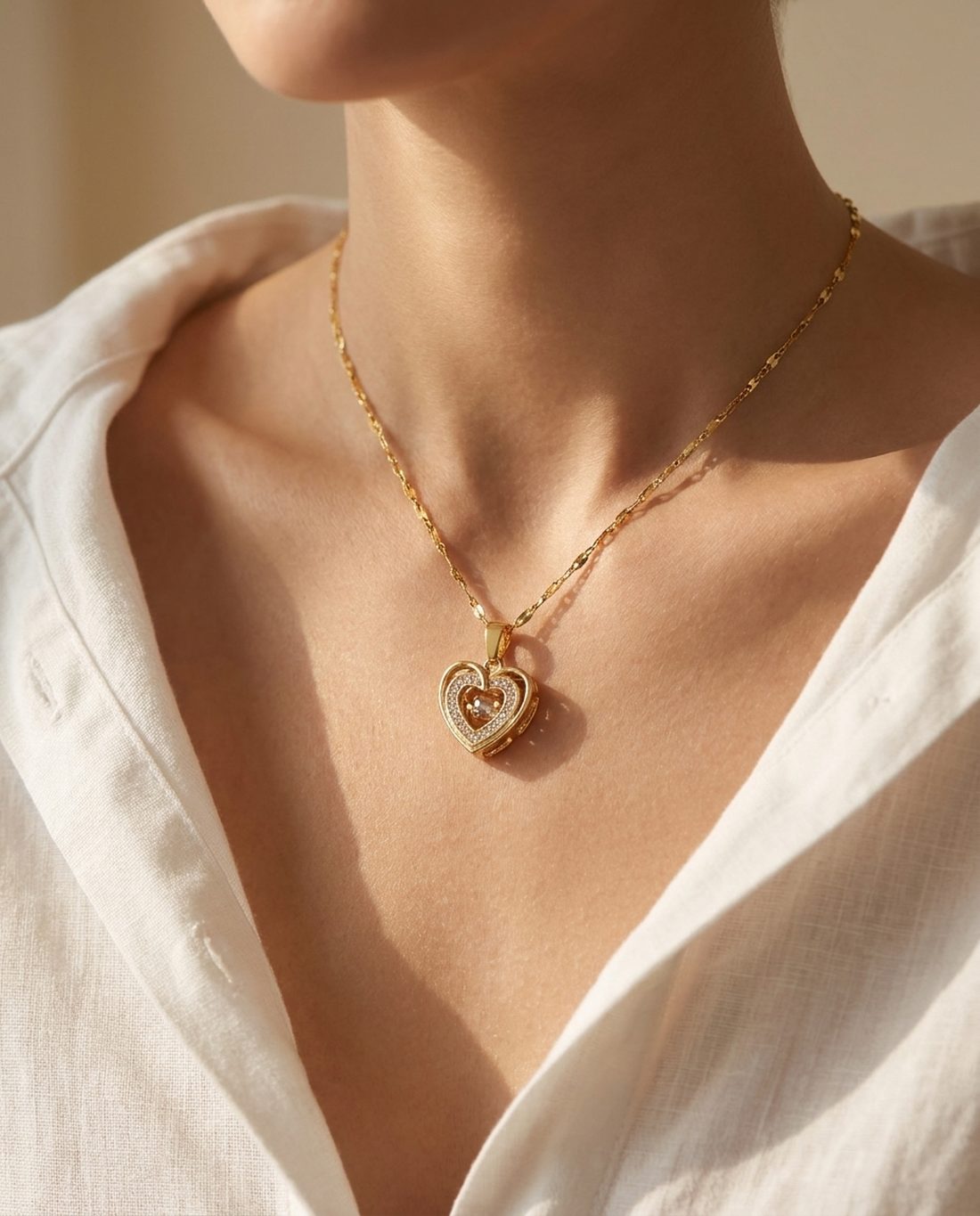 Double heart pendant necklace worn open at the collar