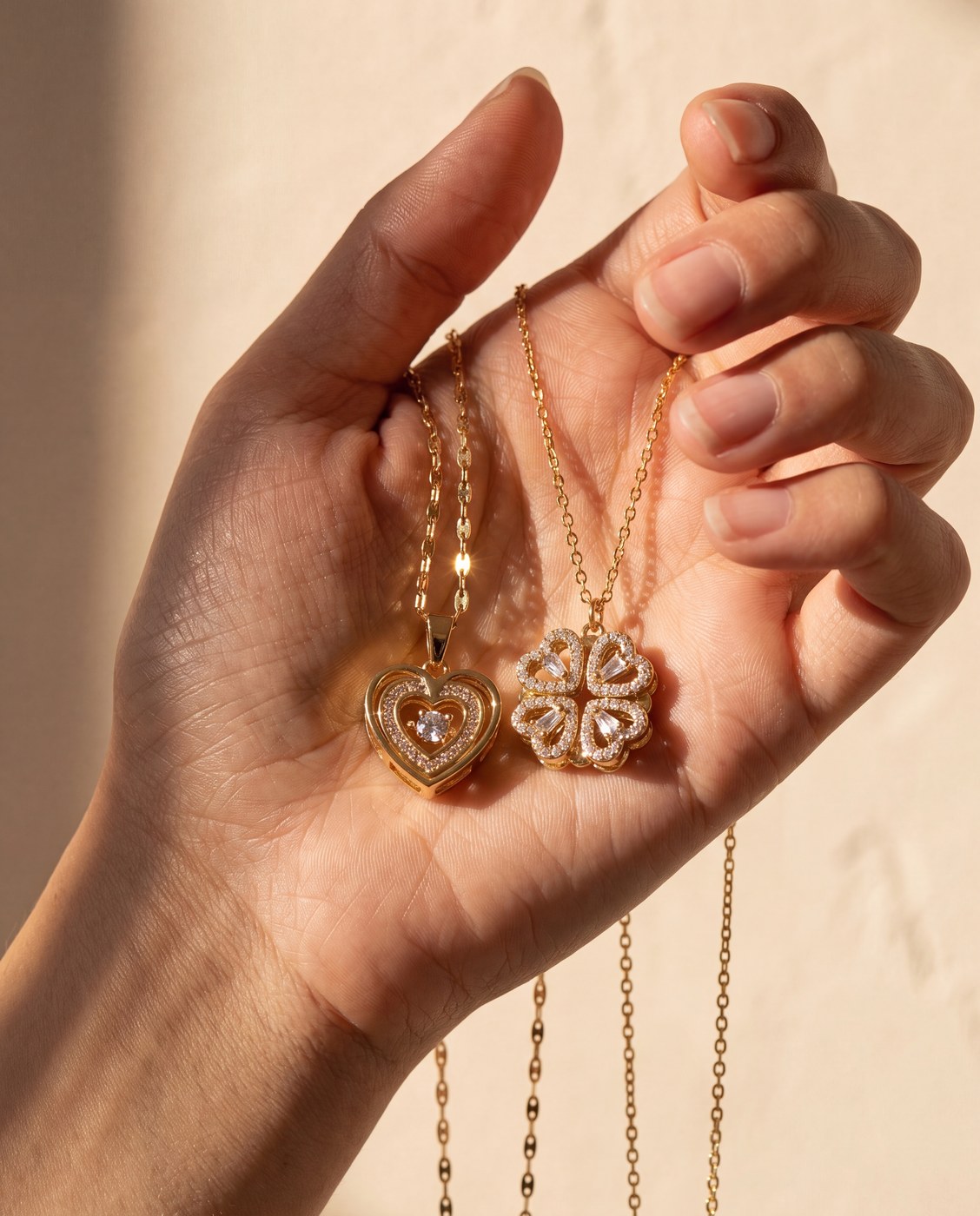Both Calvelle necklaces resting in an open hand