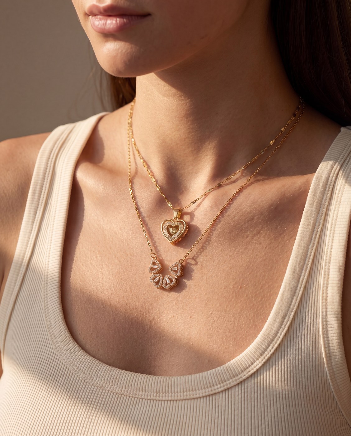 Layered gold necklace set worn with a cream ribbed tank